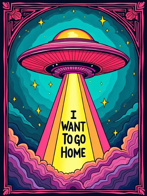 Prompt: Design a pop art nouveau illustration featuring a large UFO in a Lisa Frank-inspired 80s glam style beaming down the text phrase I WANT TO GO HOME - The UFO should be depicted using a palette of hot pink, light bright orange, cyan blue, neon green, and purple. It should have vibrant lights and emit clouds of gravitational waves that distort the air around it. These waves should creatively form an art nouveau border, characterized by flowing, organic lines and intricate details.

The UFO should hover with a distinct, sharp ray of multicolored light emitted from its bottom, as if to beam something up. This beam should shimmer with the specified color palette, adding a dynamic and captivating visual element.

Incorporate bold, organic black outlines typical of art nouveau illustrations to define shapes and add emphasis. Use black accents strategically to enhance depth and detail, while maintaining the vibrancy of the colors.

The focus of the design should be a fully integrated, decoratively hand-drawn feminine girly text that says 'I WANT TO GO HOME' The text should be beautifully intertwined with the art nouveau elements, enhancing the overall composition and adding a whimsical touch, all while using the same limited color palette.

The entire composition should be set against a rich black background, enhancing the vibrancy of the colors and adding depth to the design. Integrate celestial motifs such as stars, planets, and galaxies into the border, seamlessly blending with the overall theme.

The overall design should be a harmonious blend of the playful, colorful essence of Lisa Frank with the elegance and sophistication of Alphonse Mucha's art nouveau, restricted to the vibrant five-color palette outlined in black against a black background, creating an ethereal and otherworldly atmosphere.