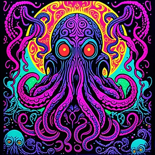 Prompt: <mymodel>Vintage blacklight poster of Cthulhu, tentacles, lovecraftian, eldritch, 70s style, tribal design, psychedelic colors, intricate tentacles, cosmic background, high quality, detailed illustration, blacklight style, 70s vintage, cosmic, intricate details, vibrant colors, psychedelic, tribal design, retro, atmospheric lighting