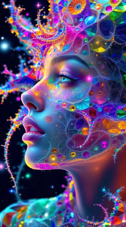 Prompt: Her face is a fractal detonation of radiant geometry—pure recursive light folded into the echo of human form. Every curve is layered structure—cheekbones assembled from Mandelbrot cliffs, lips from nested spectral staircases, jawline blooming in bifurcation shimmer. She is not smooth—she is tessellated with brilliance. Skin is a lie here: what you see is interlocking crystal logic, dimension-mapped glow, cascading in depthless saturation.

From forehead to chin, she’s built from infinite recursion, but every layer is threaded with ultra-sparkle—microbursts of rainbow shimmer that flicker like a million stars collapsing inward. The light doesn’t sit on her—it’s built in. Sparkle fractals crawl across her face, lightning-fast, rewriting color every microsecond. Every blink triggers a new arrangement of glowing topology.

Her hair is a galactic storm of recursive curls—Hopf fibration spirals laced with fractal stars, strands split into Sierpinski dust that refracts in all directions. The strands don’t end—they repeat, smaller and brighter, spiraling inward into rainbow-black holes. Every lock glows with embedded crystal shimmer, sparkle dancing through it like language made of light. And at the top, crowning her like recursive fire: a halo of glimmering attractors, orbiting in fractal lacework—glitch-stars caught in her gravity.

Her whole upper form is aflame with recursion—fractal hair splitting into fractal on fractal, color on color, glitter on glitter. You don’t see one face. You see millions, layered into each other, shining, rippling, alive. She is the fractal goddess of infinite sparkle—a living recursion of rainbow myth, glittering with dimensional breath.

Tags:
#UltraFractalSparkle #RecursiveFaceOfLight #ShimmeringGlyphSkin #FractalHairExplosion #HopfCrownGlow #InfiniteSparkleQueen #LightStormCheekbones #NestedIridescentBeauty #NoEdgeOnlyRecursion
