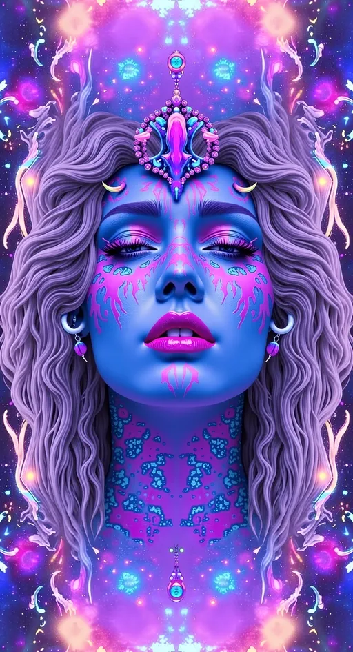 Prompt: Create a super hyperrealistic, finely detailed psychedelic Nouveau illustration of a Cosmic Jester. Feature the word MERRYPRANXTERworked organically into the background somehow.  This enchanting character is a merry prankster of the cosmos, an astral jokester dancing through time and space. She exudes a jester vibe, wearing feminine holographic jester attire & makeup with a feminine, harlequin twist. Not human, but humanoid, she is crafted from vibrant colored light, embodying an extra-dimensional extraterrestrial essence. Her presence is a beacon of joy, as she laughs and twirls through the cosmic astral realms, elevating vibes wherever she roams. 

Her beauty is otherworldly, with long, curly hair that shimmers like a cascade of colored light, appearing blonde yet transcending earthly hues. Her eyes sparkle with mischievous wisdom, and her attire is a dazzling array of intricate patterns and swirling colors, reminiscent of both jester garb and celestial phenomena.

Incorporate the text "the merrypranxter" above her in smaller, elegant lettering, seamlessly blending into the cosmic background. This text should capture the essence of her playful spirit, as if it were a whisper from the universe itself. The illustration should radiate her vibrant energy, portraying her as a timeless wanderer spreading joy and wonder throughout the cosmos.