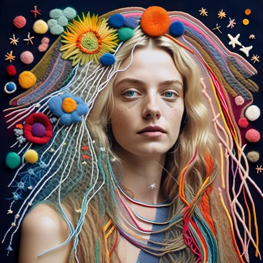 Prompt: <mymodel>Mixed media collage of a beautiful woman with long blond curly hair and blue eyes and her rainbow astral body sewn to each other with real thread, real thread stitching, planets and stars, outer space, wildflowers and fungus, surreal concept, textured, high quality, mixed media, collage, surreal, organic elements, detailed stitching, wildflowers, fungus, textured, vibrant colors, natural lighting