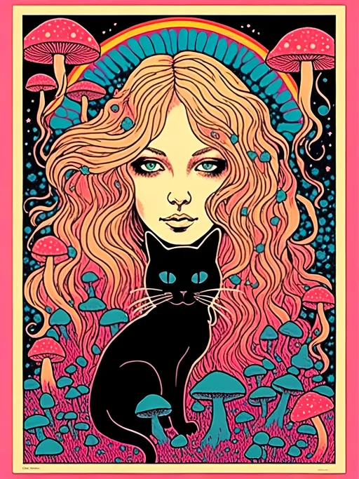 Prompt: <mymodel>Psychedelic poster illustration of a girl with long, curly blond hair, solid black cat, trippy mushrooms, vibrant colors, high-quality, poster art, surreal, detailed hair, psychedelic, detailed cat, colorful, vibrant, surreal, professional lighting