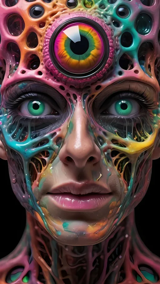 Prompt: an extremely hyper realistic ultra super textural weird trippy surreal psychedelic entity, crazy psychedelic compound human eyes, neurons, synapses, nervous system, chemicals, rows of human teeth, translucent black, hot pink, pinks, silver, yellow, orange, green, teal, copper, Gyroid Structures, oil slick rainbow sheen effect
