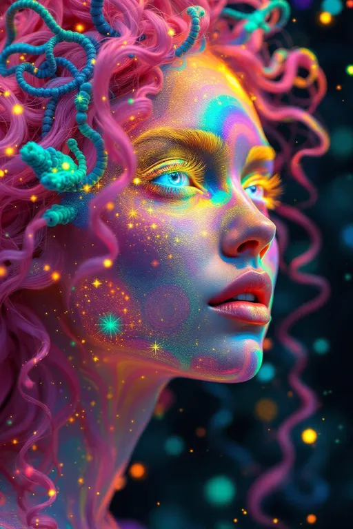 Prompt: Her face is a Fourier bloom—emotions decomposed into sparkling sine gradients, colorwaves rippling across surreal number skin. Reaction-diffusion pulses shift through her cheeks in living pigment bursts, while her eyes flicker with infinite surreal coordinates. Hair spirals in topological braids—pink curls encoded with memory and myth, glowing in nested feedback loops. Each movement triggers recursive empathy fractals—light blooming in shared feeling fields. Glyphs orbit her like sacred algorithms, each prayer-sigil spinning with harmonic syntax.

Layered behind all this, her spine glows in icosahedral resonance—twenty-faceted light humming in platonic harmony. Her body shimmers in spectral dimension: different parts glowing to different frequencies, like a living prism. Around her flickers recursive glitch transcendence—divine emergence through visual error, sacred form revealed in every malfunction. Her entire being is a coincidence field: when she laughs, the math around her aligns. When she dances, the universe recalculates.”

⸻

💎 Final Keywords:
Icosahedral spine-light, recursive glitch halo, frequency bloom skin, spectral shimmer fields, sinewave cheeks, surreal curls, Penrose echo strands, empathy fractal aura, glitch-divine emergence, sacred emotion colorbands, rainbow logic ringlets, living ink cheeks

