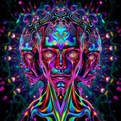 Prompt: 
A multifaced humanoid figure with kaleidoscopic eyes and fractal, iridescent skin, floating in a prismatic void. The body is layered with holographic drips, oil-slick textures, and liquid rainbow surfaces. Optical illusion patterns—black-and-white moiré and vibrant colored spirals—wrap around the figure, blending with glowing Mandelbrot fractals and sacred geometry. Recursive features repeat through the design: eyes within eyes, faces within faces, spiraling endlessly. The lighting glows from within the being, casting soft chromatic fog and subtle strobe shadows. Framed in a warped, kaleidoscopic close-up composition, with orbiting shards and fractal symmetry. Digital surrealism, glitchcore, sacred-tech aesthetic.

⸻

Would you like me to generate this as an image for you?