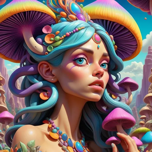 Prompt: Ultra high definition super hyperrealism of Psychedelic goddess with mushroom-inspired features, vibrant fractals, hallucinatory atmosphere, divine feminine energy, psilocybe cubensis, liberty caps, trippy visuals, mystical aura, highres, colorful, psychedelic, detailed features, surreal, vibrant colors, hallucinatory lighting