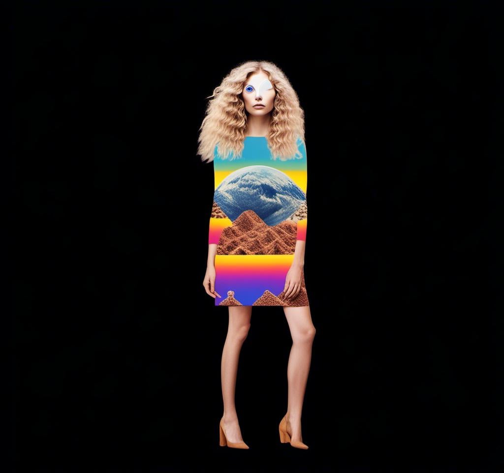 Prompt: A psychedelic collage featuring a photograph of a woman with blond curly long hair. The photo is cut and spliced with other photos - of cats, eyes, body parts, roads, landscapes, trippy optical illusion patterns, pickles, hamburgers, realistic  desert, alien  landscapes, geometric shapes etc in such a way that she has a psychedelic open third eye, in a psychedelic cut and paste collage <mymodel>