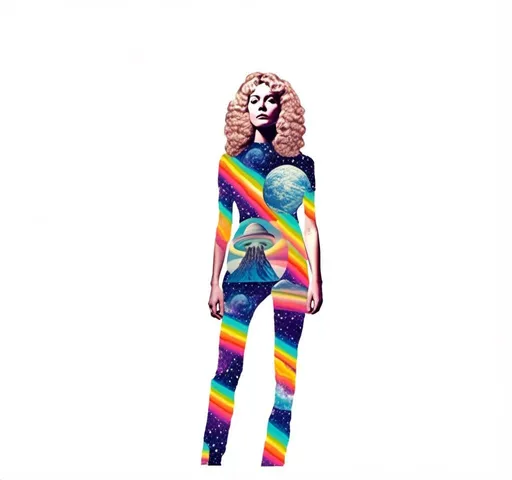 Prompt: A psychedelic collage featuring a photograph of a woman with blond curly long hair. The photo is cut and spliced with other photos and drawings of aliens, UFOs, rainbow spectrums are erupting from places, planets, stars, landscapes, and sparkles set amidst optical illusions of all kinds in geometric shapes giving an otherworldly surreal bizarre ufo alien effect to this psychedelic collage <mymodel>