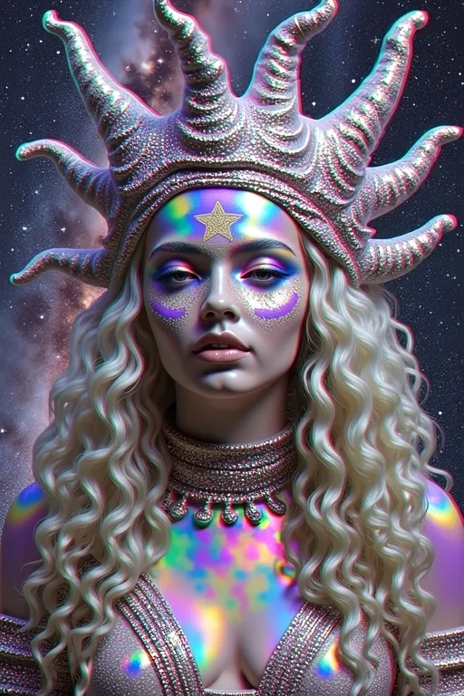 Prompt: Create a super hyperrealistic, finely detailed psychedelic Nouveau illustration of a Cosmic Jester. Feature the word MERRYPRANXTERworked organically into the background somehow.  This enchanting character is a merry prankster of the cosmos, an astral jokester dancing through time and space. She exudes a jester vibe, wearing feminine holographic jester attire & makeup with a feminine, harlequin twist. Not human, but humanoid, she is crafted from vibrant colored light, embodying an extra-dimensional extraterrestrial essence. Her presence is a beacon of joy, as she laughs and twirls through the cosmic astral realms, elevating vibes wherever she roams. 

Her beauty is otherworldly, with long, curly hair that shimmers like a cascade of colored light, appearing blonde yet transcending earthly hues. Her eyes sparkle with mischievous wisdom, and her attire is a dazzling array of intricate patterns and swirling colors, reminiscent of both jester garb and celestial phenomena.

Incorporate the text "the merrypranxter" above her in smaller, elegant lettering, seamlessly blending into the cosmic background. This text should capture the essence of her playful spirit, as if it were a whisper from the universe itself. The illustration should radiate her vibrant energy, portraying her as a timeless wanderer spreading joy and wonder throughout the cosmos.