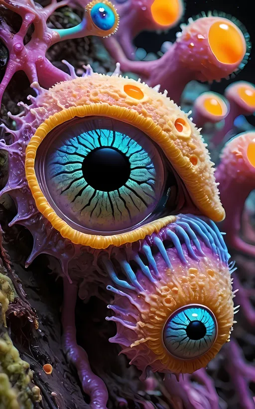 Prompt: Extreme psychedelic hyperrealism- Super high definition ultra textural fungal entity psychedelic hallucination surrealism, psychedelic alien crazy psychedelic slime mold sentient slime mold fungal creature, lots of bizarre psychedelic eyes, looking observing watching,  detailed, highres, intense pastel iridescent pearlescent colors, eerie lighting, bizarre features, unsettling atmosphere, otherworldly, distorted proportions, mind-bending, dreamlike, abstract,, organic textures