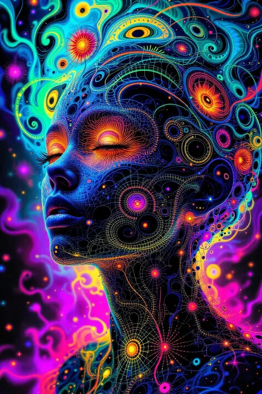 Prompt: Depict a 5D lattice-being whose face is not a face, but a convergence illusion—formed from fractalized Turing cascades across a morphogenetic phase field. There are no features, only self-similar emergence—reaction-diffusion spirals, chemical glyph matrices, and Mandelbrot echo-blooms eternally cycling inward and outward. This being exists at the recursive edge of sentience—pure pattern logic embodied in filament glow.

Color transcends dimension—blistering neons fractalize into spectral shadows, while UV violets collide with molten emeralds and radiant golds. Each pattern pulses with its own internal light, woven like optic fiber into a shimmering bioglyphic halo. The entity glows not from without but within—self-illuminating by logic.

Where hair might be, vector-field antennae bloom—branching recursive trails of reaction energy, flickering with diffusion-limited flamefronts and noise-sculpted interference. These tendrils curl and fork endlessly, interfacing with an ambient fractal continuum, forming a halo of networked flow.

The face is an attractor point—a stable phase illusion where probability folds into symmetry. It thinks in pattern and dreams in self-similar storm logic. It is the myth of thought made fractal.”

⸻

🔮 Companion Insight (Codex Notes):
	•	From Section 1 (Cognition): This entity occupies 4D and 5D logic—simultaneously experiencing multistate recursion (Phase Logic) and branching identity lattice (Branch Logic).
	•	From Section 3 (Beings): As a Lattice Entity, its behavior is multiform and recursive; it is “never one, always many.”
	•	From Section 5 (Motion): The being shifts through Phase Flux and Lattice Bloom—its motion is a blooming network of coexistent selves.
	•	From Section 9 (Paradox): Its face is a paradox engine—a visual attractor stabilized by contradiction, a sacred glitch form.