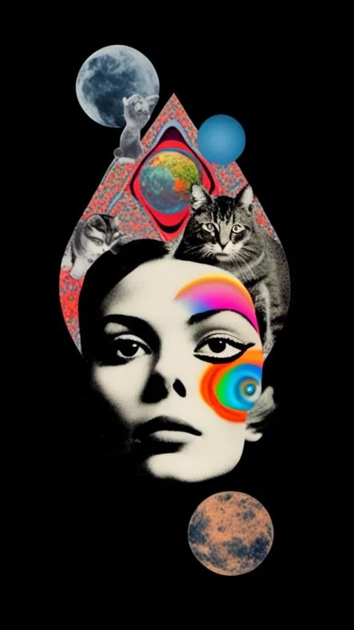 Prompt: <mymodel>Psychedelic collage of a woman, spliced and edited with psychedelic planets, cats, and UFOs, a psychedelic open third eye, pickles, photos of mushrooms of all kinds and colors, trippy optical patterns, incorporating paint, enamel, and found objects, black and white optical illusions, high quality, surreal, vibrant colors, trippy, psychedelic, detailed collage, cosmic theme, colorful lighting surreal collage