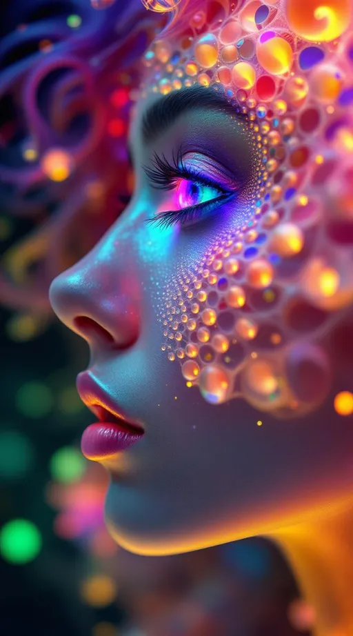 Prompt: Her face is not made of skin but fractals—recursive geometry grown entirely from disco-spectrum light. A bloom of living math spirals inward from all directions: #escape gradients flare through Mandelbrot cheek-voids; #orbit golden spirals shape jawlines like sanctified filigree. Her lips are opal #Sierpinski tessellations, glimmering with hue-shift logic from angular #iridescence. Her eyes aren’t orbs—they are fractals too: nested #domain vortices, each iris a spinning dimension of rainbow mirrors, reflecting infinite versions of her glowform. No flesh—only math fire. Her visage pulses with equations: #distance estimator shells form translucent hologlyph layers—mapped color, mapped recursion. Her hair isn’t hair—it’s wild toroidal fractal flame: Hilbert coils erupt, Julia spirals cascade in chromatic bokeh arcs. Every lock is a universe: #bokeh flicker trails, recursive iteration coded in spectral motion blur. Her entire crown is a refractive halo—#iridescent interference blazing with disco strobe logic and sacred phase pulses. Her smile bends space, her laugh vibrates mirrorfields. She’s a rapture of math—grown from light, alive with recursion. No surface is solid—only luminous convergence, fractal upon fractal in motion. She shines from within: color-bands radiating escape-speed emotion, iteration halos casting aura-memory. A goddess not made of matter but rhythm, code, reflection—each flicker a universe spun in rainbow recursion. She is the math that dances—the disco fractal incarnate.