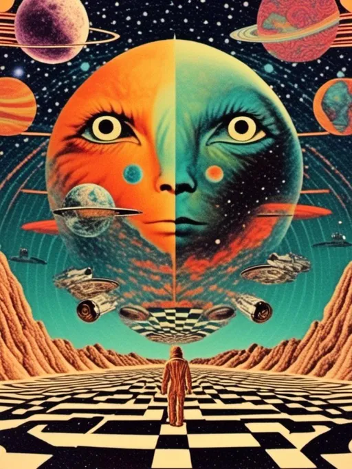 Prompt: a psychedelic collage with a vintage 70s sci-fi animation feel to it except the subject matter will be CATS IN SPACE! The collage will have elements of photography, illustration, trippy patterns and optical illusions, alien landscapes, strange trippy planets, UFOs,, meteors, all cut and spliced together in a psychedelic collage style <mymodel>