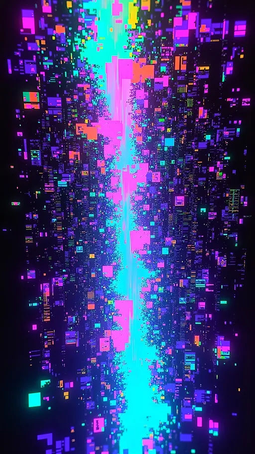 Prompt: A high-voltage digital terrain where fractured kaleidoscopic refraction tears through the center like shattered glass made of light. The image pulses with chromatic aberration shadows, casting subtle color ghosts that trail every shape with magenta, cyan, and viridian echoes. Raster tearing warps the scene in jagged waves, distorting alignment like a broken hologram trying to recombine. The palette radiates a sleek cyberpunk glow: black, deep indigo, highlighter yellow, and piercing teal. The whole composition feels like a city’s neural network glitching mid-thought, fractured but luminous.