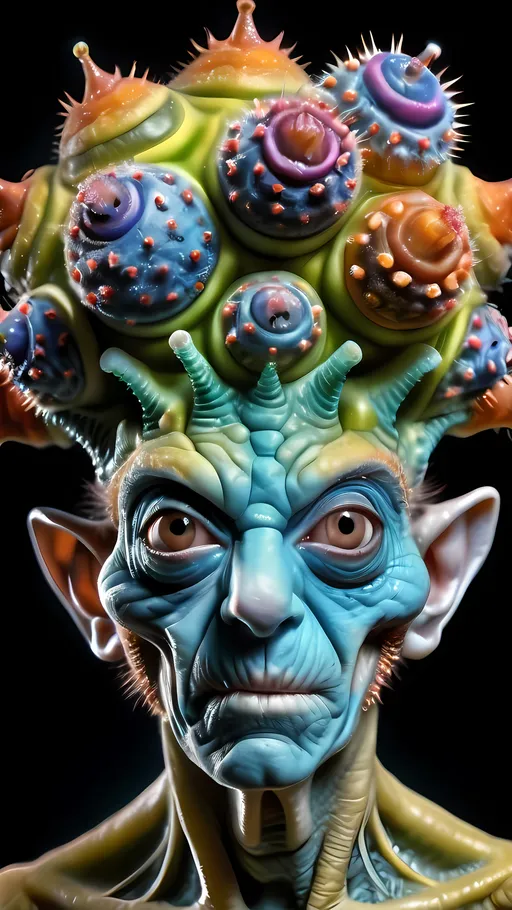 Prompt: Extremely hyperrealistic ultra textural trippy surreal beautiful but odd unsettling psychedelic creature- a psychedelic GALL creature entity,  queen, crown, jewelry, accouterments, with lots of crazy psychedelic human compound eyes, rows upon rows of human teeth.  head, face, body, limbs, fungus, Mandelbrot, oil slick rainbow sheen effect, holographic, hologram, translucent, vivid colors white, tons and tons of light, bright pastel colors, Gyroid Structures. GALLS: Got it! Here's a refined list focusing on the appearance and shapes of plant/wasp galls: Galls, spherical, ovoid, conical, tubular, spiny, horned, blister-like, pouch-like, rosette, bud galls, leaf galls, stem galls, root galls, petiole galls, flower galls, hypertrophy, hyperplasia, cecidia, gall morphology, gall tissue, larval chambers, nutritive tissue, gall anatomy, defensive structures, blister-shaped, globular, irregular, bulbous, ridged, segmented, smooth, wart-like, clustered, elongated, flattened, lobed, scaly, hairy, warty, woody, corky, fleshy, succulent, colorful, mottled, patterned.