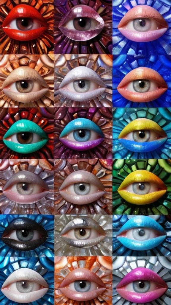 Prompt: Create an extremely hyper-realistic, ultra super textural, weird, trippy, surreal, psychedelic eyes/teeth/mouth pattern/design based on Mandelbrot & “Op Art tiling” with lots of human eyes (crazy colorful compound psychedelic), rows of human teeth, human lips, and tongues. 

- **Colors**: determined by the properties and expressions of the elements (& their isotopes), minerals, and metals: opal, moonstone, Kunzite, selenite, rose quartz, Platinum (Pt)

**Shapes and forms**
- Mandelbrot 
- "Op Art tiling" 
-other shapes determined by the natural properties and expressions of the elements (& their isotopes), minerals, metals, and biological organisms: opal, moonstone, Kunzite, selenite, rose quartz,  Platinum (Pt)


- **Textures**: Derived from any/all elements (& their isotopes), minerals, metals, crystals, organic things mentioned in this prompt: opal, moonstone, Kunzite, selenite, rose quartz, Platinum (Pt)

**Composition and Layout**:
- a pattern/design based on the Op Art tiling & Mandelbrot 

**Lighting**:
- lots of bright light
- Iridescence
- Aventurescence
- Chatoyancy
- Asterism

**Detail and Atmosphere**:
- Extreme hyperrealistic sharp high detail high definition organic and mineral textures
- Psychedelic, weird, odd, surreal atmosphere
- Frozen in time

**Additional Elements**:
- extra rows of teeth, lips, many eyes, Op Art tiling, Mandelbrot, Iridescence
