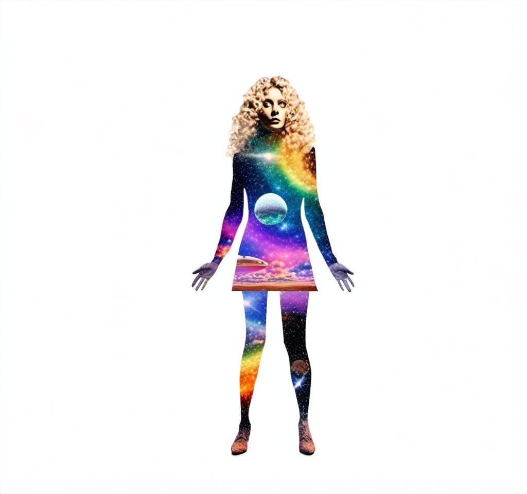 Prompt: A psychedelic collage featuring a photograph of a woman with blond curly long hair. The photo is cut and spliced with other photos and drawings of aliens, UFOs, rainbow spectrums are erupting from places, planets, stars, landscapes, and sparkles set amidst optical illusions of all kinds in geometric shapes giving an otherworldly surreal bizarre ufo alien effect to this psychedelic collage <mymodel>