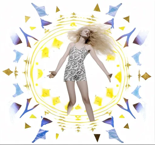 Prompt: <mymodel>Mixed media collage of an astral entity in the astral realms in outer space but also another beautiful glowing dimension of radiance
And love and light. She has long blond curly hair and appears as a photograph, maybe black and white or halftone, while the mixed media colors and sparkles and sacred geometries of the astral dimension swirls around her and out of her in the form of paint, foils, glitter, sparkles, rainbows, auras, sequins, enamels, rhinestones, thread, broken glass, etc