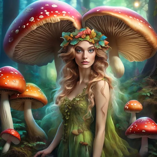 Prompt: Photorealistic rendering of a mushroom fairy princess, vibrant tones, enchanted woodland, mushroom dress, magic mushrooms, woodland setting, nature-inspired accessories, ethereal lighting, high quality, fantasy, psychedelic poster art, art nouveau, detailed features, professional, nature magic, vibrant colors, whimsical, magical atmosphere