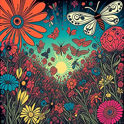 Prompt: <mymodel>Psychedelic poster art illustration of wildflowers & insects, vibrant colors, detailed floral patterns, surreal insect designs, high quality, detailed, poster art, vibrant colors, wildflowers, insects, psychedelic, floral patterns, surreal, high contrast lighting, detailed illustration