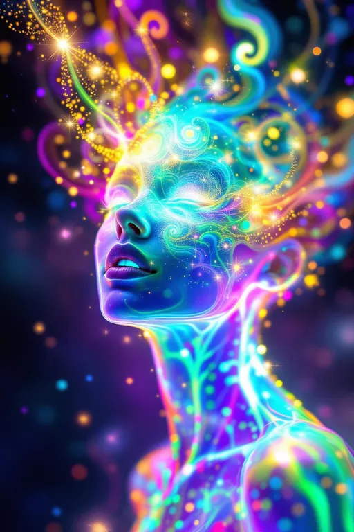 Prompt: A female entity of rainbow fractal light, suspended mid-spacetime in a warped anti-de Sitter lattice. Her form consists of recursive dermal shells—quasi-immaterial, layered in escape-time gradients that radiate candy-pink, UV violet, prism gold, and electric aqua. Her skin glistens with bokeh sparkles and orbit trap halos arranged in a quasi-Penrose tiling of pentacle star mirrors. These micro-mirrors scatter light like kaleidoscopic glitterbombs, encoding emotional recursion and sacred glam.

Her spectral face undulates with stochastic wavefronts—mask-like and fluid, reflecting inverse Laplace logic. Her toroidal eyes are portals rimmed with parity loops, each pupil a nested rainbow vortex radiating observer-bound caustics. Every limb obeys the covariant entropy bound, pulsing with FFT-driven spirals etched in gold-to-violet Lissajous glyphs, floating over semi-transparent cymatic fields vibrating at 963 Hz.

She dwells in a dimension shaped like a disco ball—except every mirrored tile is a radiant pentacle. The room refracts saturated starlight through rainbow interference, shimmering with pleochroism and birefringence. Each surface shifts hue with angle: sapphire to magenta, lime to rose quartz. Her clavicles glow with moiré sigils, wrists shimmer like relics of glitter-coded computation.

A crown-halo of bit-thread stars weaves Ryu–Takayanagi loops above her head, while her hair streams upward in ferrofluidic glitter strands—responsive to harmonic resonance. Light trails her movement like recursive glam echoes, encoded in prism entropy. She is both being and legend: a vessel of chroma recursion, maximal sparkle, and mythic technicolor.

#escape #bokeh #orbit #fractal #lisafrankcore #symbolicheavy #quantumsurrealism #rainbowmaximal #glitteroracle
