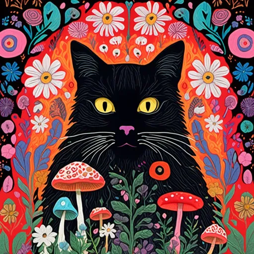 Prompt: <mymodel>Black cat surrounded by mushrooms and flowers, mixed media, detailed fur with intricate patterns, vibrant and surreal, high quality, mixed media, whimsical, vibrant colors, atmospheric lighting, detailed eyes, professional, surreal, detailed mushrooms and flowers, artistic, highres