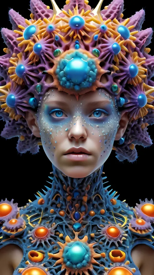 Prompt: Extremely hyperrealistic, ultra textural weird trippy psychedelic humanoid virus creature/entity queen crown jewelry cape, lots of crazy psychedelic compound human eyes, face, head, body, limbs, bright psychedelic colors, lots of light, Gyroid Structures, Moire Patterns, viruses: Viruses, virions, capsid, envelope, nucleocapsid, helical, icosahedral, spherical, filamentous, complex, polyhedral, bullet-shaped, rod-shaped, pleomorphic, enveloped, non-enveloped, spikes, glycoproteins, capsomeres, matrix proteins, lipid bilayer, surface proteins, tail fibers, head-tail structure, symmetry, size, morphology, electron microscopy, viral particles, viral structure, viral architecture, viral shapes, crystalline arrays, viral genome, RNA virus, DNA virus, segmented, non-segmented, capsid symmetry, viral envelope, tegument, viral surface, structural proteins, viral assembly, viral replication, host cell entry, viral budding, viral egress.