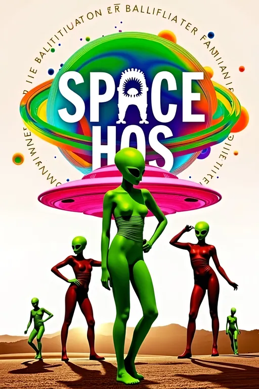 Prompt: **Space Hos - AI Art Prompt**

Create an artwork featuring the phrase "Space Hos" in a bold, sassy, girly futuristic tech font. The scene is populated by multiple striking green-skinned alien females, each exuding attitude and confidence. They are dressed in avant-garde high fashion with a futuristic edge, showcasing an array of intricate accessories that highlight their alien allure.

Each alien boasts a slightly conical-shaped bald head and large, almond-shaped black eyes, adding to their enigmatic charm. They pose with sass and poise, making a statement in the cosmic landscape.

Incorporate a vibrant UFO in the background, teeming with colorful lights that illuminate the scene. The setting is a bustling outer space landscape, complete with an alien planet, swirling asteroids, and cosmic phenomena. Alien glyphs are seamlessly integrated into the design, adding a mysterious layer.

The entire composition is busy and detailed, with every inch filled with tiny elements that captivate the viewer's attention. From the smallest star to the grandest asteroid, the scene is a masterpiece of cosmic chaos and extraterrestrial elegance.