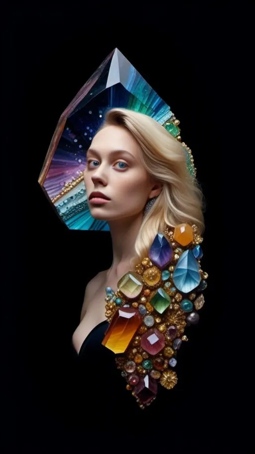 Prompt: <mymodel>Blonde woman with long curly hair, giant gem set eyes, psychedelic hallucination, rainbow fractals, geometry, inlaid precious gemstones, crystals, high quality, surreal, gemstone mosaic, detailed hair, vibrant colors, hallucinatory atmosphere, mesmerizing, otherworldly, natural lighting