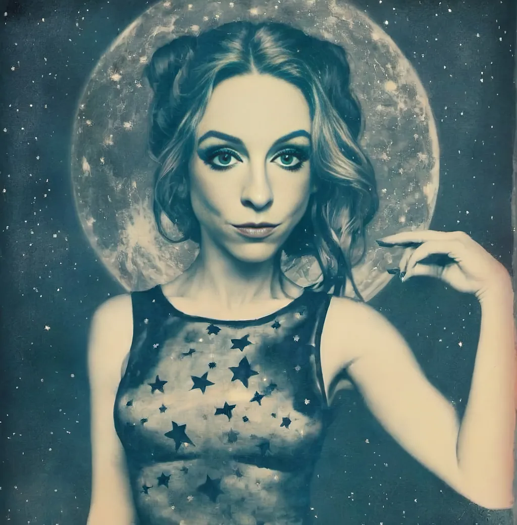 Prompt: Vintage Cyanotype print of a girl on the moon, detailed silhouette, vintage artistic style, cool tones, subtle moonlight, high quality, cyanotype print, vintage, detailed silhouette, moon, girl, subtle lighting, cool tones