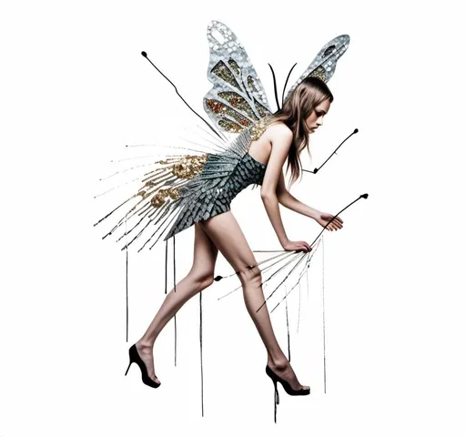 Prompt: a photograph of a woman (color or black and white) with multimedia elements added to create the appearance that she is a beautiful intricate moth, with moth wings and antennae created from paint, paper, photos, glitter, iridescent enamels, nail polish, rhinestones, thread and string, fabric, folded paper etc<mymodel>