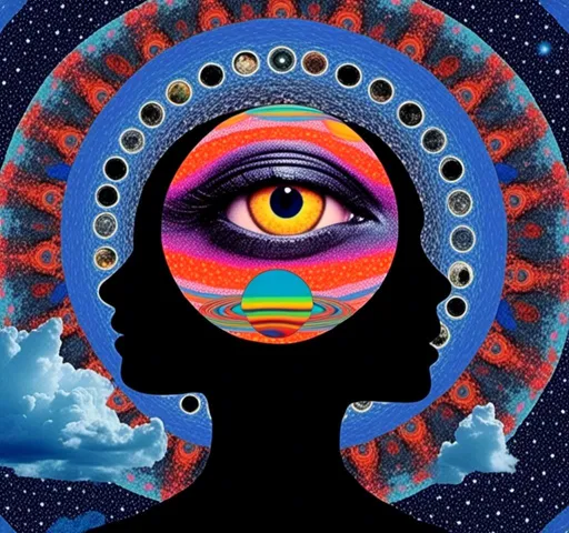 Prompt: <mymodel>Psychedelic collage of a woman, spliced and edited with psychedelic planets, cats, and UFOs, a psychedelic open third eye, incorporating paint, enamel, and found objects, black and white optical illusions, high quality, surreal, vibrant colors, trippy, psychedelic, detailed collage, cosmic theme, colorful lighting surreal collage