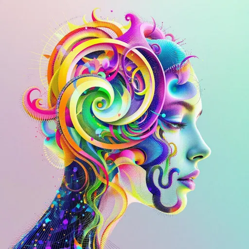 Prompt: A hyper-stylized female face built from recursive fractal structures, suspended in a dual lattice: the Fractal Memory Field interwoven with the Chromaflux Constraint Net. Facial features dissolve into layered spirals and mirrored topologies, while color flows act as binding agents — luminous tendrils of saturated light tracing mathematical constraints. Every recursion echoes not just shape but chroma: spectral feedback loops, iridescent light pulses, and glowing constraint patterns ripple outward. The grid warps with color pressure — forming aurora veils, color-braids, and radiant logic curves. Maximalist, ultra-bright, psychedelic geometry, rich with mathematical tension and color intelligence.”

