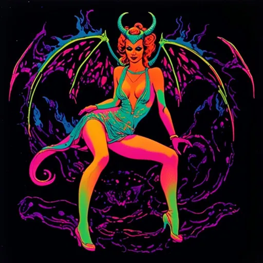 Prompt: <mymodel>Vintage 70s black light poster art of a succubus demoness, latex suit, dancing in pink and orange hued flames of hell, rockabilly pop punk style, vibrant colors, psychedelic, detailed figure, retro vibes, atmospheric lighting, highres, 70s vintage, demoness, latex, flames, rockabilly, pop punk, vibrant colors, psychedelic, retro, detailed, atmospheric lighting