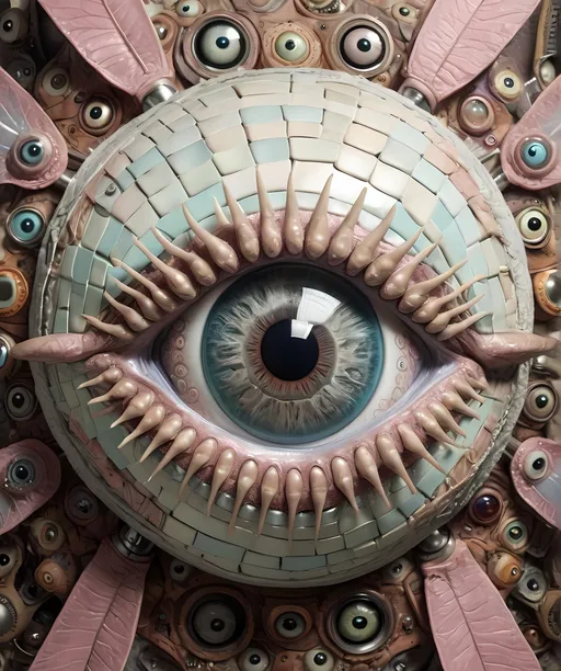 Prompt: A surreal extremely hyper realistic super textural psychedelic geometric eyeball creature with leather or insect wings, pastel light colors,  lots of crazy trippy psychedelic human eyes, human teeth, organic and mechanical, multidimensional, weird surreal unsettling odd