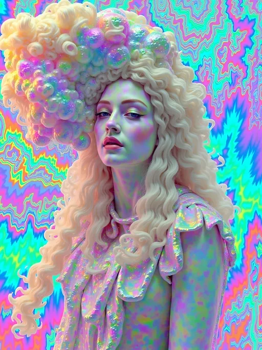 Prompt: A super hyperrealistic yet also illustrative and creative female cosmic jester, made entirely of swirling pure colored light, with long wild curly hair that appears blond but is a dazzling spectrum of hues. She is adorned in beautiful avant-garde "astral" jester's attire, complete with intricate harlequin clown makeup and a HUGELY OVERSTATED jester's hat that twists and bends into impossible, otherworldly shapes. Her hat sparkles with iridescent gems and glowing cosmic patterns, radiating a surreal, trippy energy. Her ensemble includes exquisite, shimmering accoutrements like glowing ribbons of stardust, cascading light veils, and crystalline bells that chime with the sound of distant galaxies. She sparkles, shines, and dazzles in a mesmerizing swirl of ever-changing colors, embodying the essence of cosmic whimsy and wonder. She stands on a floating, kaleidoscopic fractal platform that endlessly morphs and twists through the void of the astral realms. Behind her, a shimmering nebula of liquid rainbow light swirls and pulses, while shimmering comets streak across the scene. The cosmic jester juggles glowing orbs of quantum energy, each orb containing miniature universes that spin and glimmer with infinite possibilities. Her laughter echoes like a symphony of stars, and her every movement leaves trails of dazzling light that ripple like water across the fabric of space-time. The entire scene is awash with iridescent fractal spirals, the platform morphing with Mandelbrot set fractals, while liquid rainbow nebulae and glowing stardust create an atmosphere of pure astral magic.