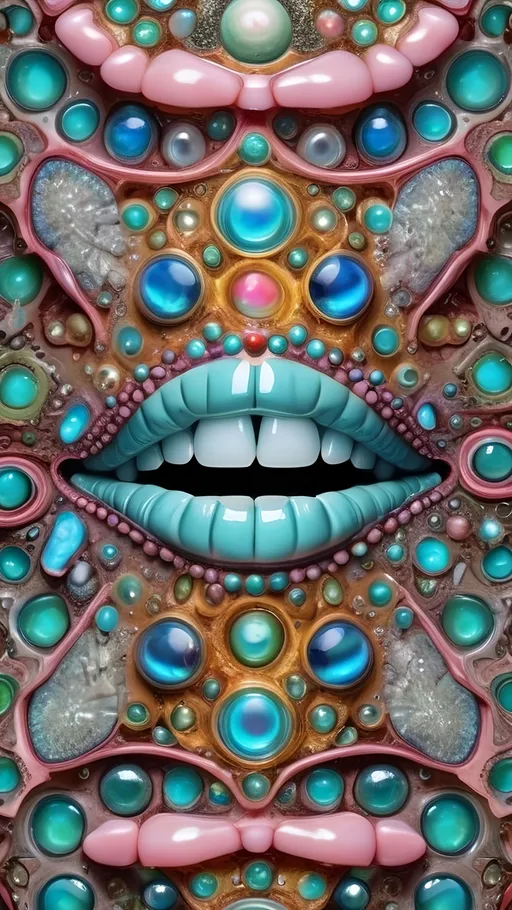 Prompt: an extremely hyper realistic ultra super textural weird trippy surreal psychedelic entity, penrose tiling, ,,, translucent, pearlescent finish, inlaid opal, glittering crystal accents, silver, pyrite, quartz,, chrome, bright vivid teals, blues, pinks/yellows/greens, lots and lots of light, lots of crazy colorful compound psychedelic human eyes, rows of human teeth, human lips, tongues, fungus,  atoms, diatoms, Penrose tiling, extreme high definition organic and mineral textures