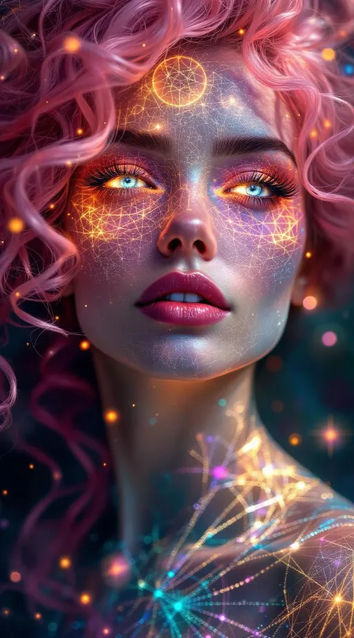 Prompt: Her face is a modular masterpiece—cheekbones traced with the shimmer of moonshine symmetry, every angle tuned to a hidden harmonic. Newton fractal veins glow faintly beneath translucent skin, shifting in color with each emotion. Her eyes burn with prime number fire, irises tiled in Penrose symmetry, blinking with curved light logic. Laughter echoes in Hilbert paths across her cheeks—space-filling joy spirals, soft and bright. Hair spills around her in radiant pink curls, styled by quasiperiodic forces and recursive wave equations—each strand flowing in luminous fractal tension. Geometry pulses at the hairline, recursive symbols glinting in neon mathdust. She is wrapped in hyperbolic aura-rings, layered in color-feedback like living topology, her presence refracting sacred math through joy, emotion, and colorfields.”

⸻

Visual Keywords:
Modular face symmetry, Newton glow skin, Penrose-tiled irises, Hilbert smile trails, pink recursive curls, fractal symbol halo, hyperbolic color aura, neon mathdust, prime fire eyes