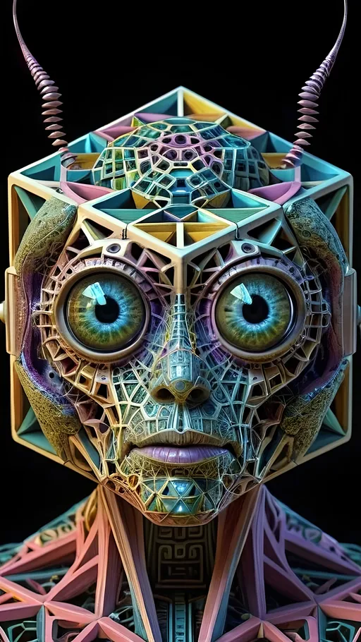 Prompt: A hyperrealistic geometric mechanical yet also biological surreal psychedelic ineffable numinous non-humanoid multidimensional geometric conscious entity,being, creature, alien, extra dimensional, geometric, hypercubes, tesseracts, noneuclidien, lots of crazy psychedelic eyes, extremely highly detailed, looking, observing, gnosis, math, mathematical, fractal, sacred geometry, pastel bright colors, ultra high definition hyperrealism