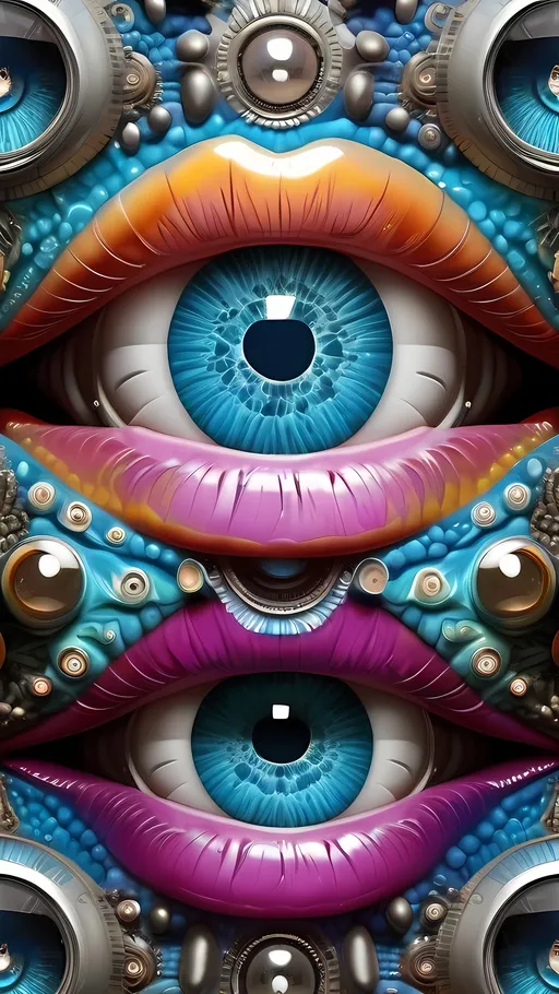 Prompt: Create an extremely hyper-realistic, ultra super textural, weird, trippy, surreal, psychedelic pattern/design based on Turing patterns, with lots of human eyes (crazy colorful compound psychedelic), rows of human teeth, human lips, and tongues. Include mineral crystal accents.

- **Colors**: determined by the properties and expressions of the elements, minerals, and metals: phosphorus, quartz, opal, pyrite, silver.

**Shapes and forms**
-determined by the natural properties and expressions of the elements,minerals, metals, and biological organisms: lichens, bismuth, quartz, botryoidal chalcedony, copper, 

- **Textures**: Derived from any/all organic elements, minerals, metals, crystals, organic things mentioned in this prompt.

**Composition and Layout**:
- Turing patterns
- hyperbolic forms and structures
-zoomed out creating a surreal pattern/design using Turing Patterns
**Lighting**:
- Lots of bright light

**Detail and Atmosphere**:
- Extreme hyperrealistic sharp high detail high definition organic and mineral textures
- Psychedelic, weird, odd, surreal atmosphere
- Frozen in time

**Additional Elements**:
- Diatoms, extra rows of teeth, lips, many eyes,fungus

Capture this scene using Canon EF 70-200mm t/2.8L IS III USM film