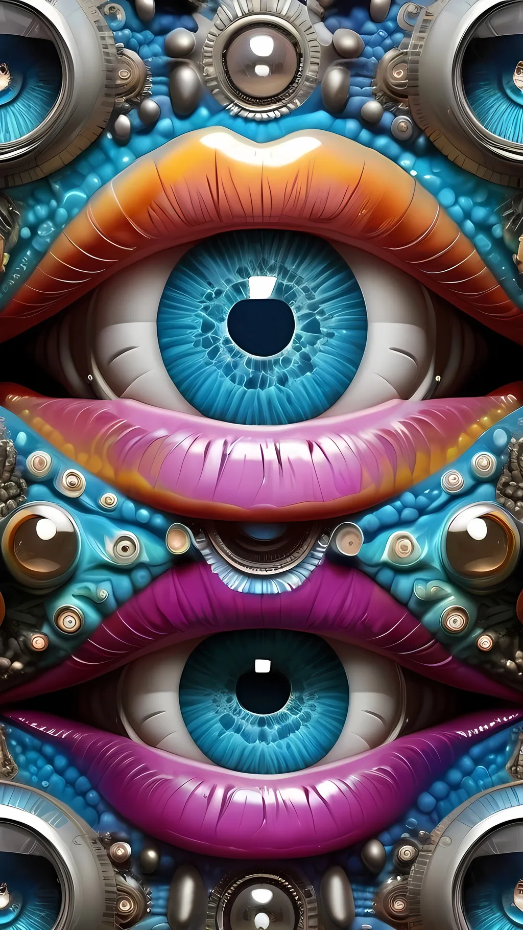 Prompt: Create an extremely hyper-realistic, ultra super textural, weird, trippy, surreal, psychedelic pattern/design based on Turing patterns, with lots of human eyes (crazy colorful compound psychedelic), rows of human teeth, human lips, and tongues. Include mineral crystal accents.

- **Colors**: determined by the properties and expressions of the elements, minerals, and metals: phosphorus, quartz, opal, pyrite, silver.

**Shapes and forms**
-determined by the natural properties and expressions of the elements,minerals, metals, and biological organisms: lichens, bismuth, quartz, botryoidal chalcedony, copper, 

- **Textures**: Derived from any/all organic elements, minerals, metals, crystals, organic things mentioned in this prompt.

**Composition and Layout**:
- Turing patterns
- hyperbolic forms and structures
-zoomed out creating a surreal pattern/design using Turing Patterns
**Lighting**:
- Lots of bright light

**Detail and Atmosphere**:
- Extreme hyperrealistic sharp high detail high definition organic and mineral textures
- Psychedelic, weird, odd, surreal atmosphere
- Frozen in time

**Additional Elements**:
- Diatoms, extra rows of teeth, lips, many eyes,fungus

Capture this scene using Canon EF 70-200mm t/2.8L IS III USM film