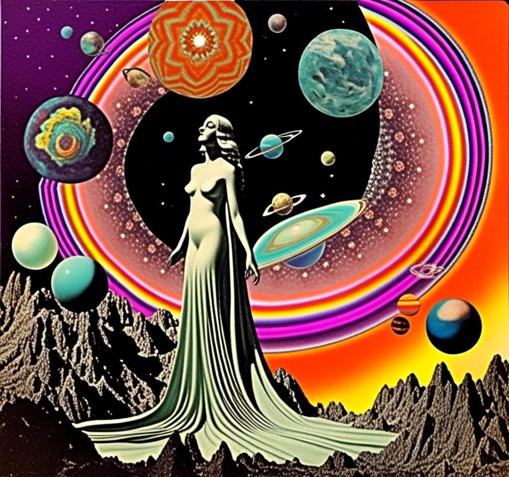 Prompt: A vintage 70s psychedelic collage with the theme “astral vacation”- incorporate themes of astral projection, the astral plane, the silver cord, use an astral brilliantly but sometimes muted opalescent color palette, & combine it all with planets, orbs, optical illusions and psychedelic trippy patterns, color spectrums as a surreal vintage psychedelic collage<mymodel>