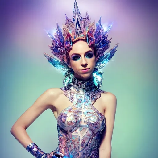 Prompt:  
"A radiant astral being dressed in avant-garde, iridescent clothing and accessories made entirely of sparkling light and fractals. The figure is glowing with cosmic energy, wearing an elaborate outfit that defies earthly fashion: flowing, asymmetrical designs with sharp angles and soft curves, crafted from swirling, colorful fractal patterns and shimmering, translucent light. The clothing features intricate details of kaleidoscopic geometry, glowing opalescent textures, and holographic accents that pulse with energy. Accessories include a bold, fractal crown or headpiece that radiates celestial light, statement earrings made of cascading star-like particles, and layered bracelets that refract into infinite rainbows. The overall vibe is futuristic, surreal, and unapologetically avant-garde, blending elements of high fashion with psychedelic aesthetics. The background is a glowing astral plane with swirling nebulas, fractal clouds, and sparkling cosmic dust, enhancing the ethereal and otherworldly vibe."
