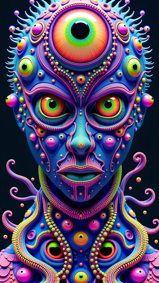 Prompt: An extremely super hyper detailed hyperrealistic weird surreal trippy psychedelic entity manifests, featuring an overwhelming array of psychedelic human eyes, meticulously arranged in a mesmerizing Spirograph pattern. These eyes, each vibrant and unique, echo the intricate loops and curves of the design, creating a hypnotic visual rhythm. Rows upon rows of psychedelic teeth, each resembling a miniature fractal tree, branch out in recursive patterns, their textures mimicking the organic complexity of natural growth.

The entity's form is enriched by coral-like patterns, with its surface exhibiting intricate branching structures reminiscent of coral formations, adding layers of complexity and depth. Its texture is a swirling amalgamation of fractal geometries and Voronoi tiling, forming a cellular structure that pulsates with life.

On a microscopic level, the entity's skin is a tapestry of radiolarians, each with a lattice-like structure and radiating spines, contributing to its otherworldly appearance. These intricate forms are interspersed with elongated, tubular shapes of foraminifera, their surfaces adding tactile roughness.

Elements of Labradorite and Charoite infuse the entity with iridescent flashes and swirling purple hues, their crystalline structures playing with light across the surface. The metallic sheen of Pyrite adds reflectivity, interspersed with the deep azure of Azurite, forming a striking contrast that enhances the surreal aesthetic.

In the background, a cosmic scene unfolds, inspired by quantum foam, a seething mass of bubbles and fluctuations at the Planck scale, creating a dynamic and ever-changing backdrop. This scene is enriched by quantum entanglement, visualized as an invisible web linking particles across the universe, adding interconnectedness to the surreal landscape. The entire scene is bathed in the soft, ethereal glow of a Fibonacci spiral galaxy, its arms stretching out in a harmonious cosmic dance.