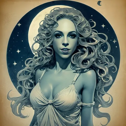 Prompt: Vintage Cyanotype print of a alien girl on the moon, long curly blond hair,  detailed silhouette, vintage artistic style, cool tones, subtle moonlight, high quality, cyanotype print, vintage, detailed silhouette, moon, girl, subtle lighting, cool tones