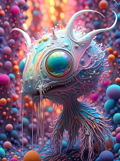 Prompt: <mymodel> an extremely hyper realistic super textural psychedelic entity/creature, trippy, weird, surreal, fractals, multidimensional geometric shapes, eyes, human teeth, lots of light, bright pastel colors, luminous, glowing, extremely textural, white, translucent, , silver, pastel rainbow oil slick sheen effect, moth antennae, melty drippy, extreme organic and metallic textures