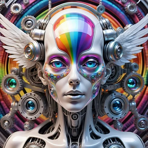 Prompt: An extremely hyperrealistic non humanoid flying, super high textural, silver, white, translucent, bright pastel colors, oil slick rainbow sheen, lots of light, weird trippy surreal psychedelic entity, mechanical and biological, human head with 4 faces, interdimensional geometric mechanical tesseract within tesseract, wheels within wheels spinning different directions on different axis, covered in lots of crazy psychedelic trippy human eyes, everywhere, all over it eyes, leather, metal, skin, feathers, extreme organic and metallic textures