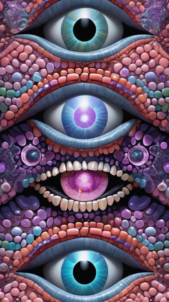 Prompt: Create an extremely hyper-realistic, ultra super textural, weird, trippy, surreal, psychedelic eyes/teeth/mouth pattern/design based on Mandelbrot & “Op Art tiling” with lots of human eyes (crazy colorful compound psychedelic), rows of human teeth, human lips, and tongues. 

- **Colors**: determined by the properties and expressions of the elements (& their isotopes), minerals, and metals: opal, moonstone, amethyst, rose quartz, Platinum (Pt)

**Shapes and forms**
- Mandelbrot 
- "Op Art tiling" 
-other shapes determined by the natural properties and expressions of the elements (& their isotopes), minerals, metals, and biological organisms: opal, moonstone, amethyst, rose quartz,  Platinum (Pt)


- **Textures**: Derived from any/all elements (& their isotopes), minerals, metals, crystals, organic things mentioned in this prompt: opal, moonstone, amethyst, rose quartz, Platinum (Pt)

**Composition and Layout**:
- a pattern/design based on the Op Art tiling & Mandelbrot 

**Lighting**:
- lots of bright light
- Phosphorescence

**Detail and Atmosphere**:
- Extreme hyperrealistic sharp high detail high definition organic and mineral textures
- Psychedelic, weird, odd, surreal atmosphere
- Frozen in time

**Additional Elements**:
- extra rows of teeth, lips, many eyes, Op Art tiling, Mandelbrot 
