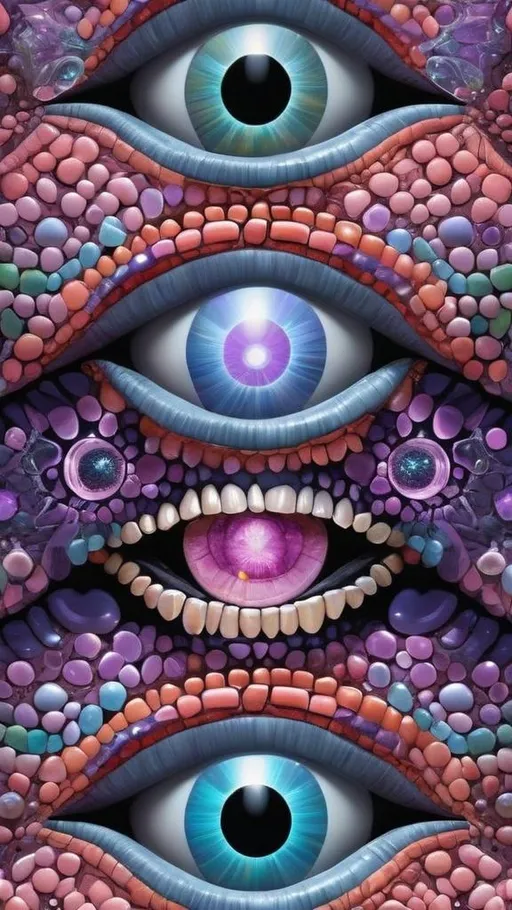 Prompt: Create an extremely hyper-realistic, ultra super textural, weird, trippy, surreal, psychedelic eyes/teeth/mouth pattern/design based on Mandelbrot & “Op Art tiling” with lots of human eyes (crazy colorful compound psychedelic), rows of human teeth, human lips, and tongues. 

- **Colors**: determined by the properties and expressions of the elements (& their isotopes), minerals, and metals: opal, moonstone, amethyst, rose quartz, Platinum (Pt)

**Shapes and forms**
- Mandelbrot 
- "Op Art tiling" 
-other shapes determined by the natural properties and expressions of the elements (& their isotopes), minerals, metals, and biological organisms: opal, moonstone, amethyst, rose quartz,  Platinum (Pt)


- **Textures**: Derived from any/all elements (& their isotopes), minerals, metals, crystals, organic things mentioned in this prompt: opal, moonstone, amethyst, rose quartz, Platinum (Pt)

**Composition and Layout**:
- a pattern/design based on the Op Art tiling & Mandelbrot 

**Lighting**:
- lots of bright light
- Phosphorescence

**Detail and Atmosphere**:
- Extreme hyperrealistic sharp high detail high definition organic and mineral textures
- Psychedelic, weird, odd, surreal atmosphere
- Frozen in time

**Additional Elements**:
- extra rows of teeth, lips, many eyes, Op Art tiling, Mandelbrot 
